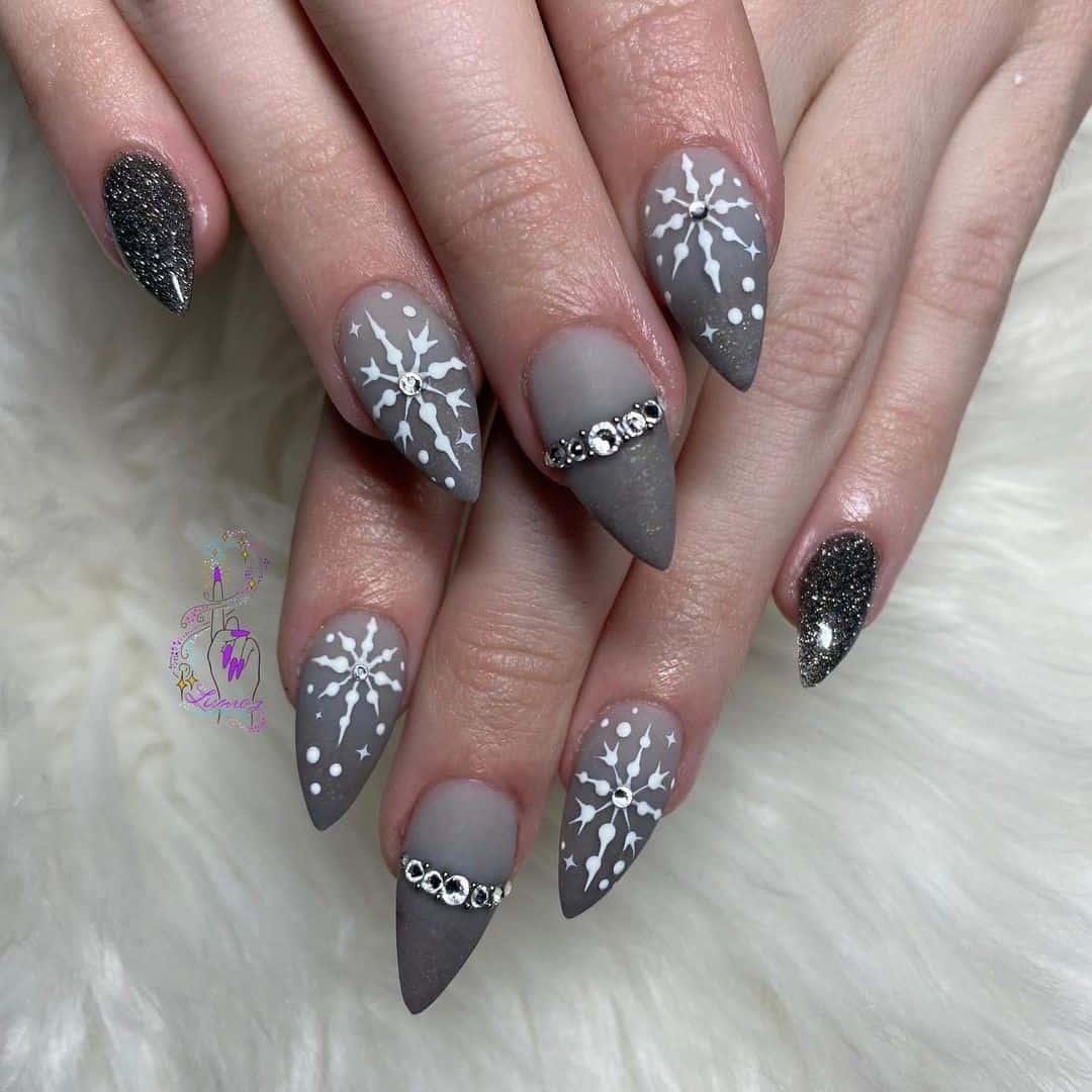 Top 33 Sweet Snowflake Nail Design Ideas For Winter 24 Grey Snowflake Nail Design