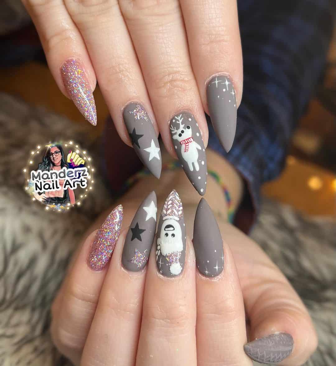 Grey Stiletto Manicure With Glitter