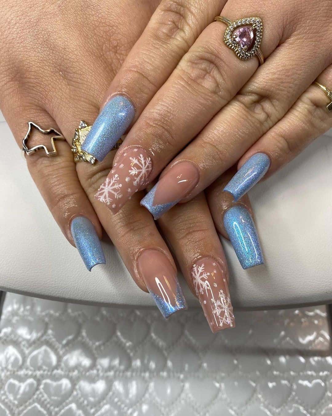 35 Elegant Christmas Acrylic Nail Design Ideas 2022 30 Light Blue And Nude Christmas Acrylic Nails