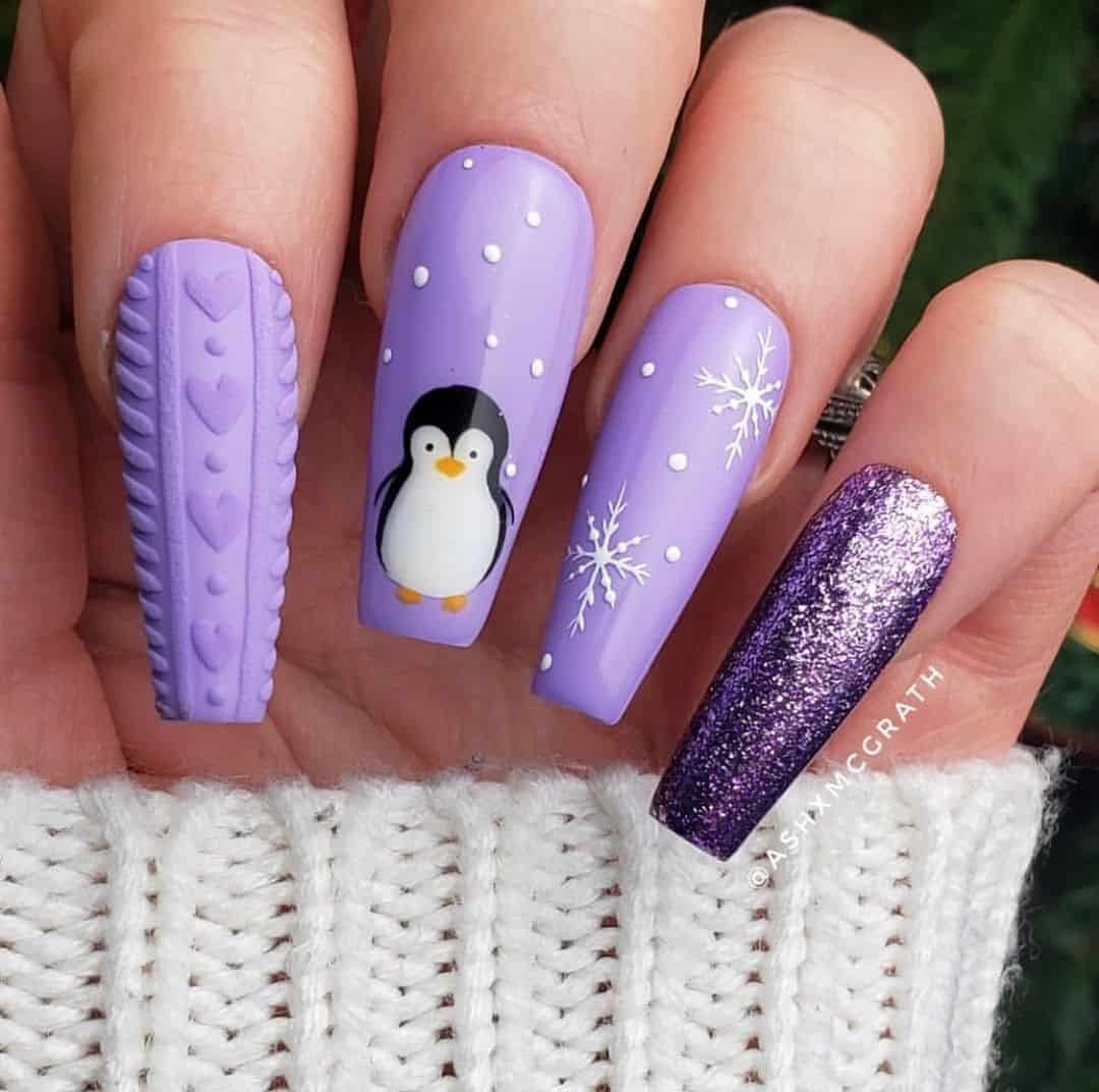Top 33 Sweet Snowflake Nail Design Ideas For Winter 22 Light Purple Lilac Snowflake Nail Design