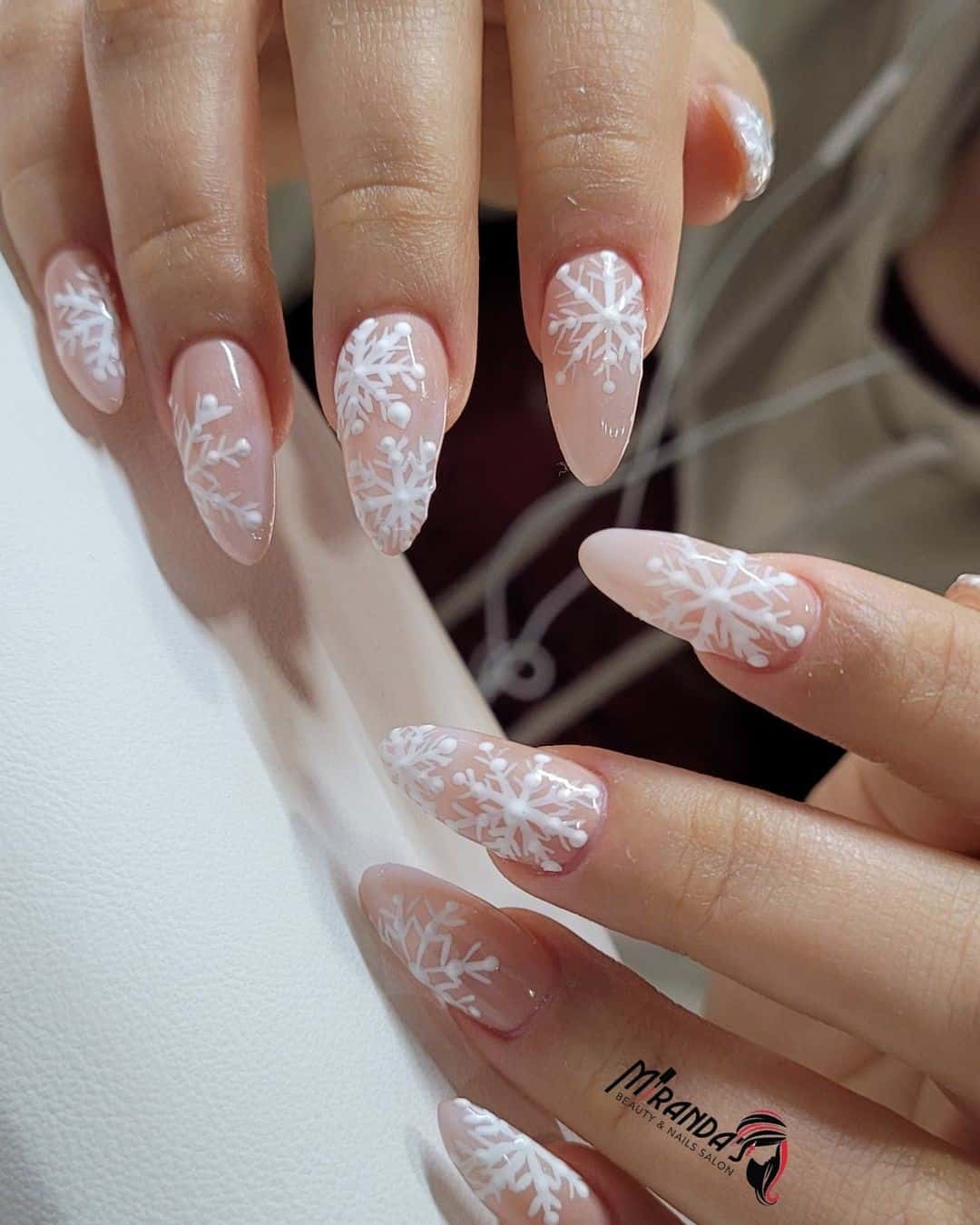 Light Rosy Almond Snowflake Nails