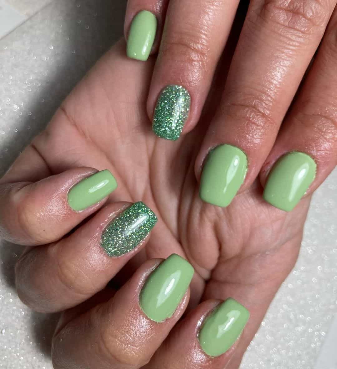 Lime Green And Glitter Short Nails