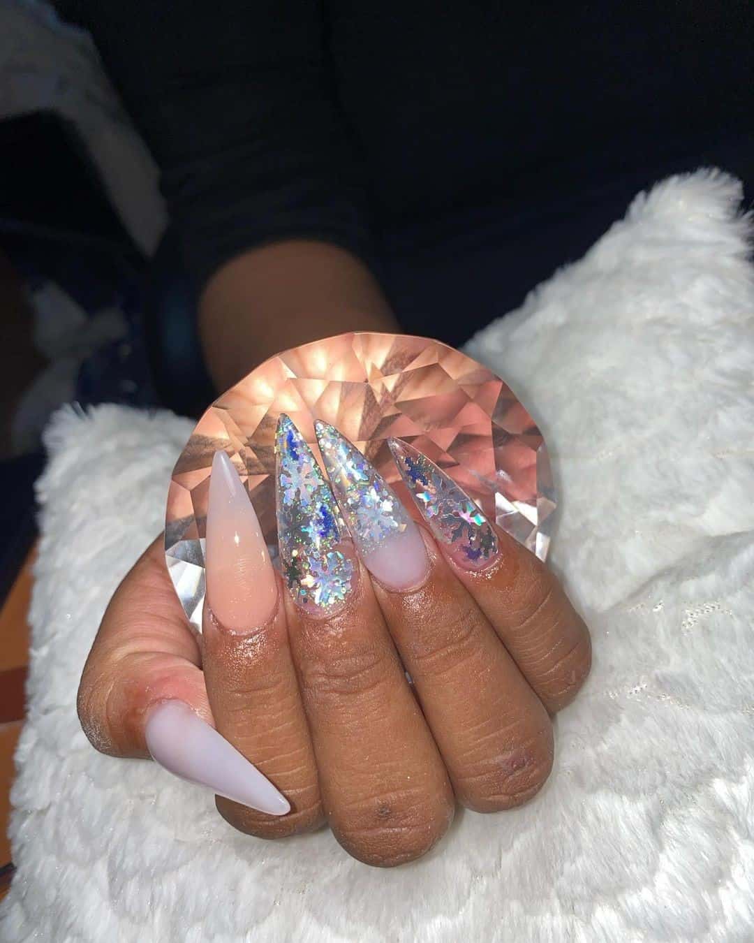 Top 33 Sweet Snowflake Nail Design Ideas For Winter 27 Long Acrylic Gemstones Snowflake Nails