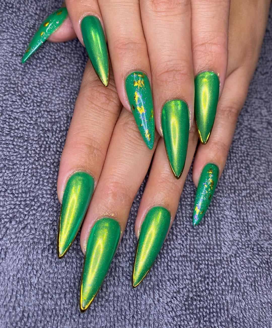 Long Almond Green Holographic Nails