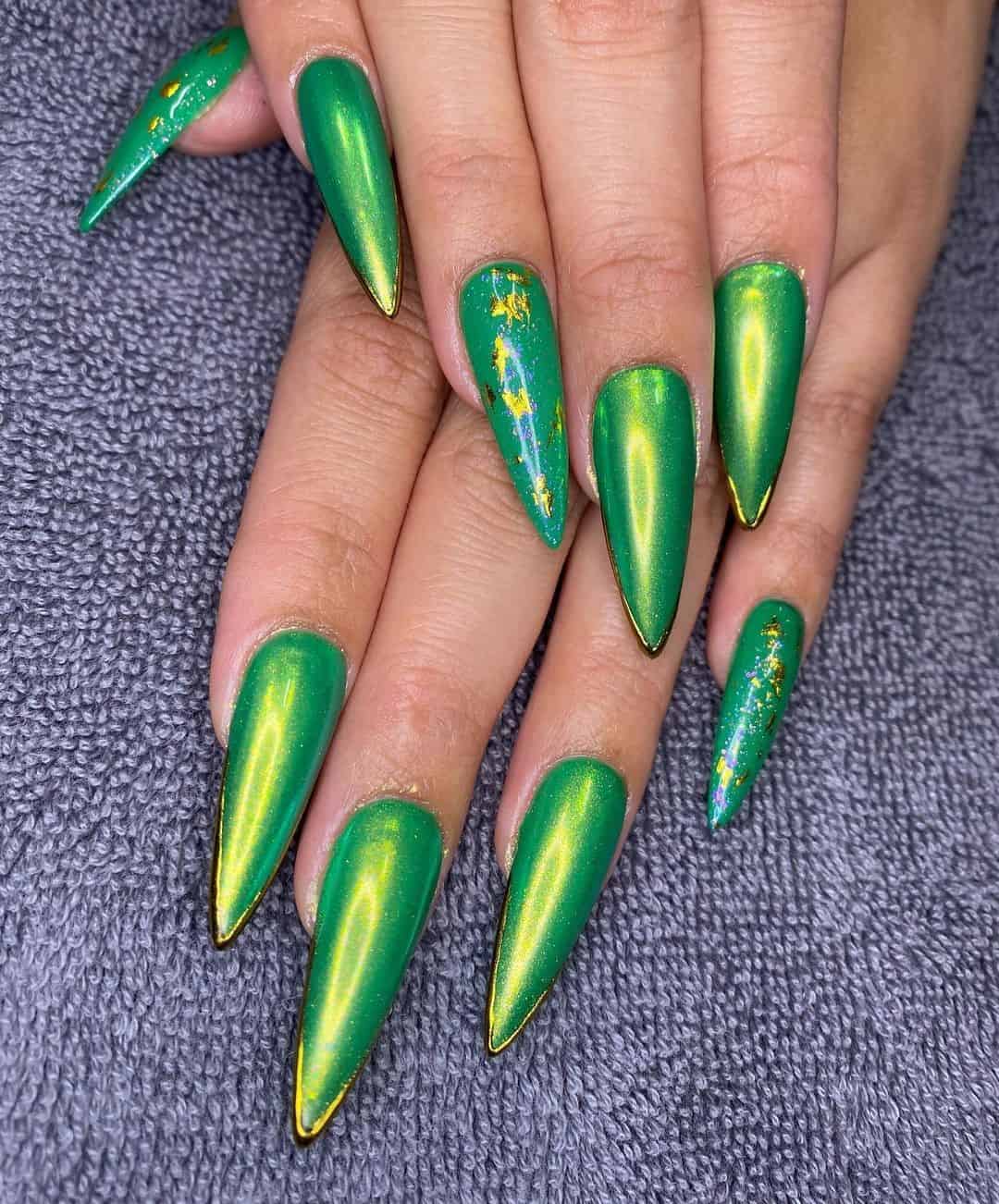 35 Elegant Christmas Acrylic Nail Design Ideas 2022 19 Long Almond Green Holographic Nails