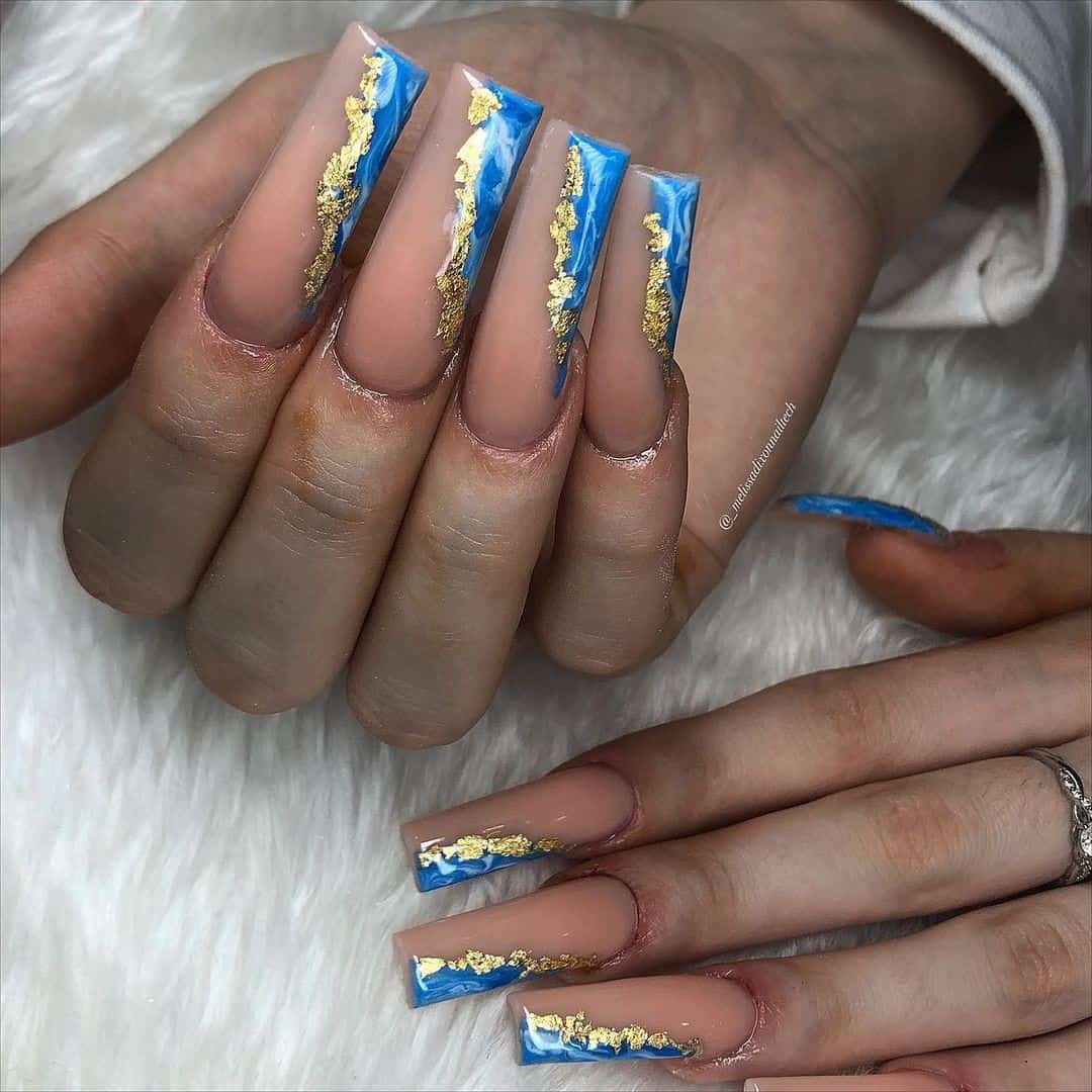 Long Coffin Blue Christmas Nail Design