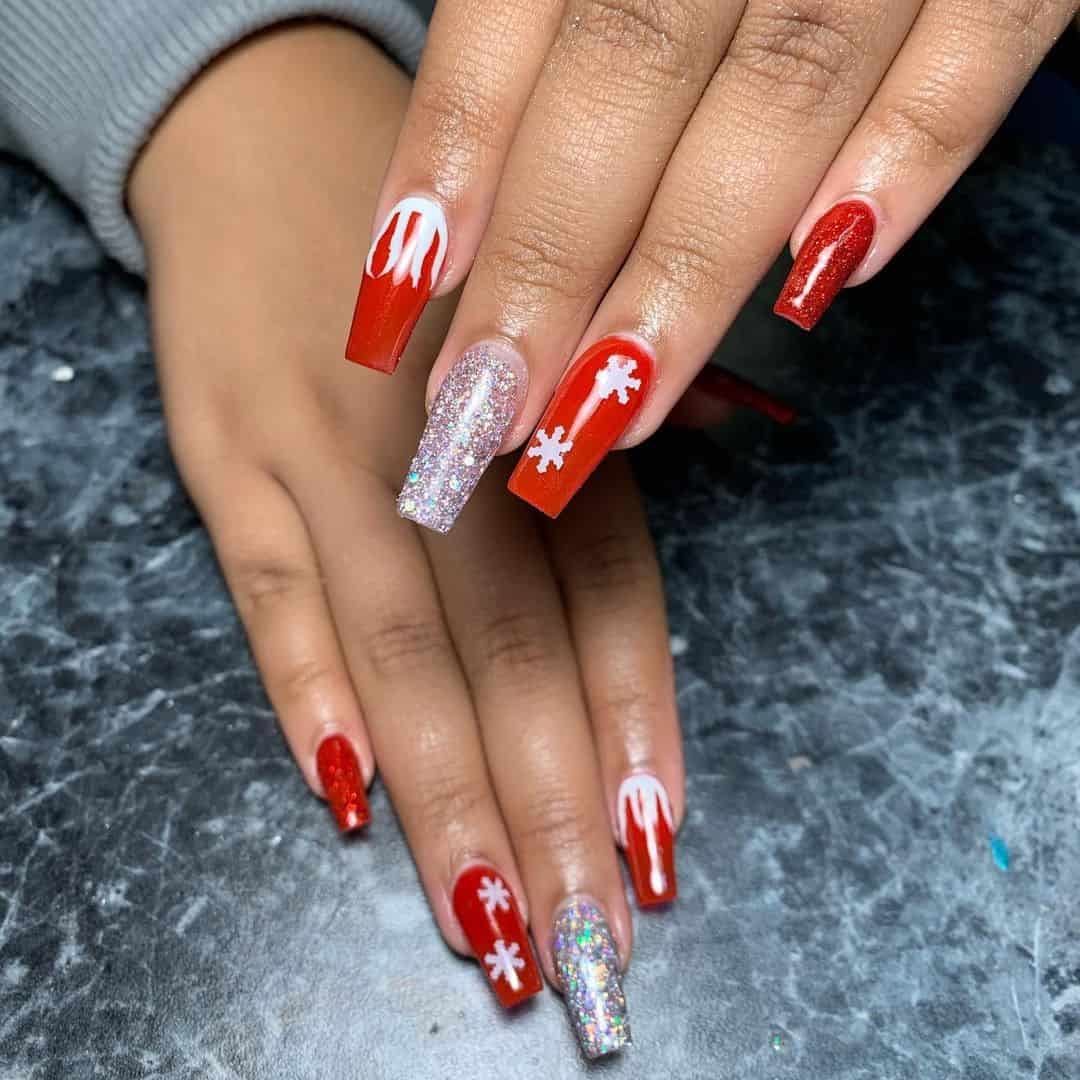 Long Coffin Red Christmas Nail Design
