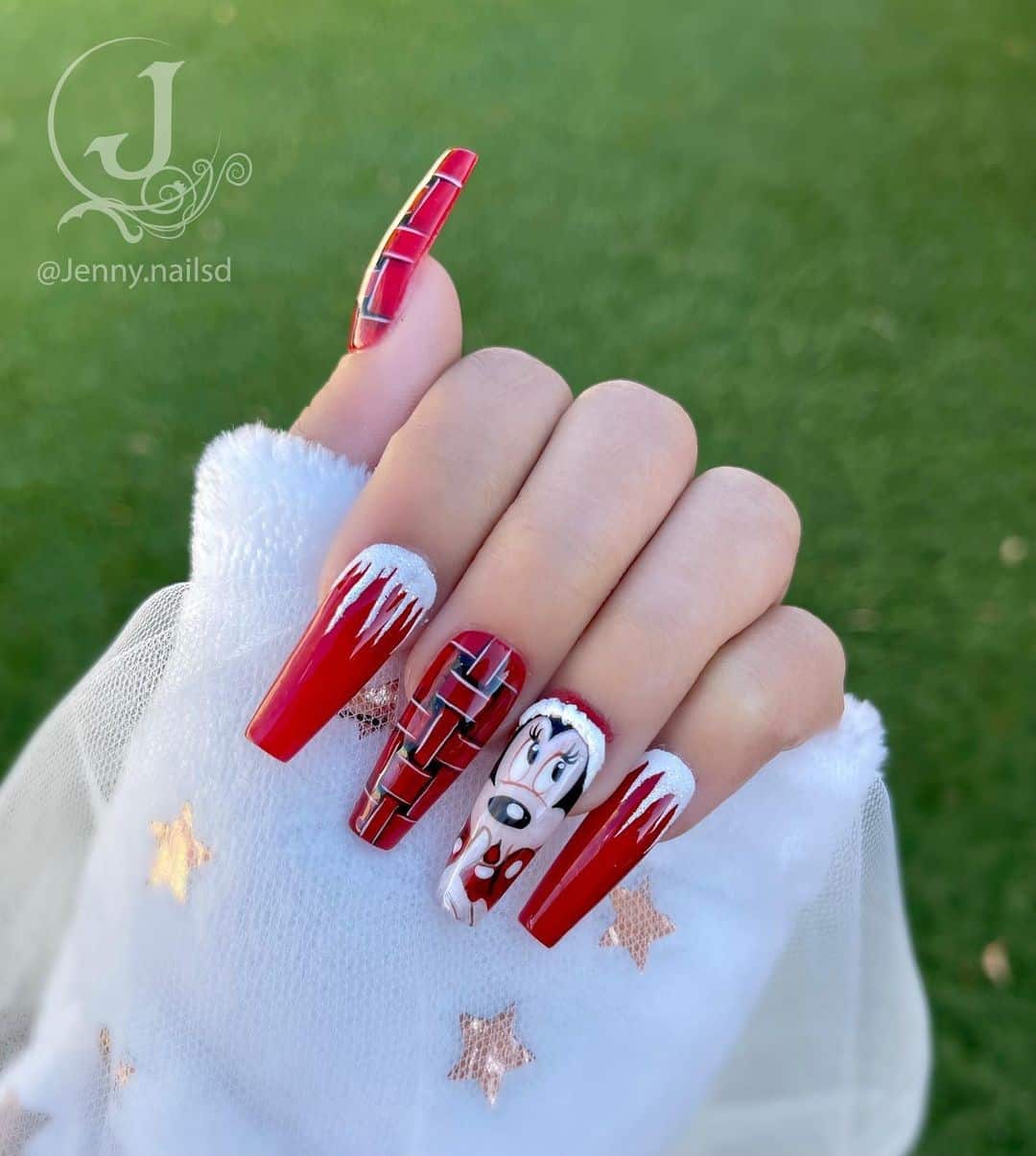 Long Nails Red Manicure With Stickers