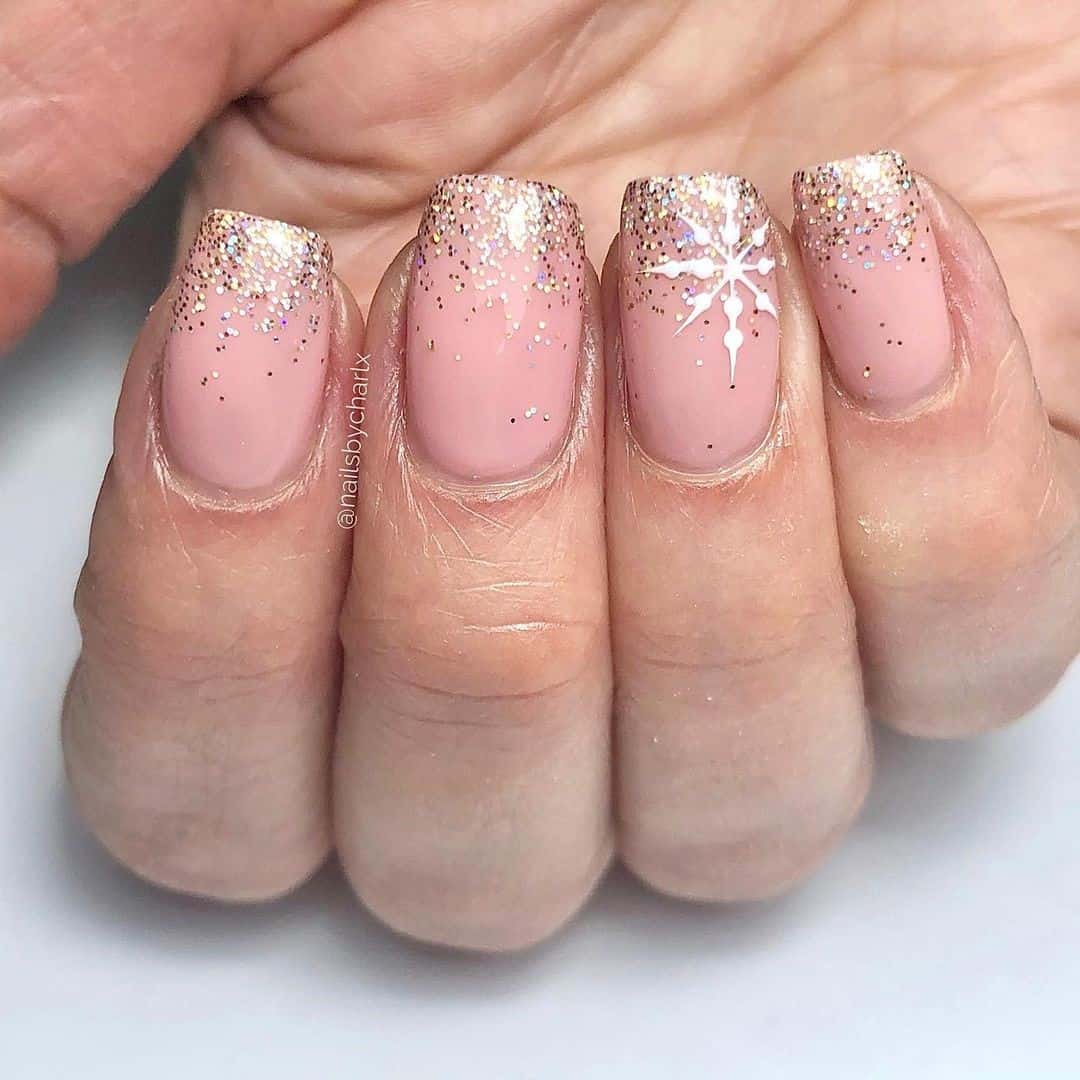 Top 33 Sweet Snowflake Nail Design Ideas For Winter 4 Nude & Glitter Square Snowflake Nails