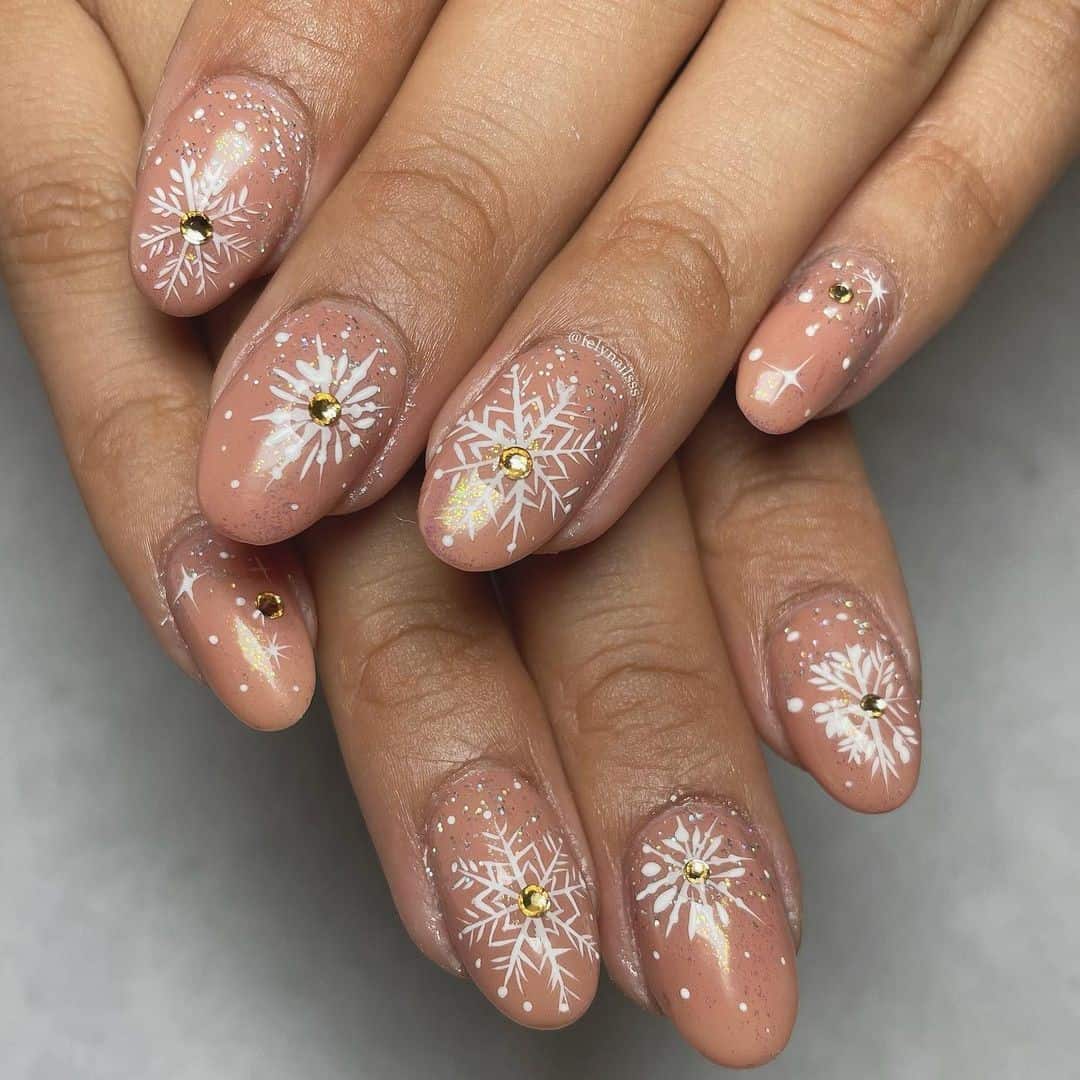 Top 33 Sweet Snowflake Nail Design Ideas For Winter 12 Nude Oval Beige Nails