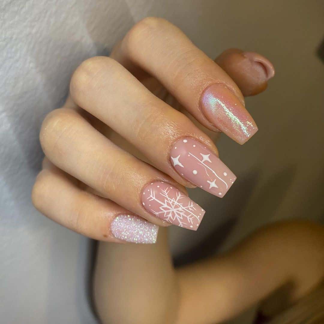 Top 33 Sweet Snowflake Nail Design Ideas For Winter 26 Nude Snowflake Nail Designs