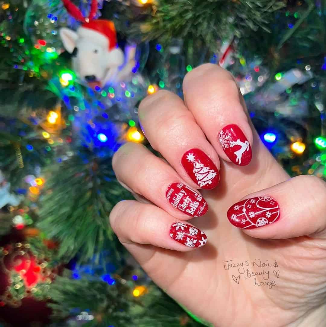 Oval Red Christmas Nail Design