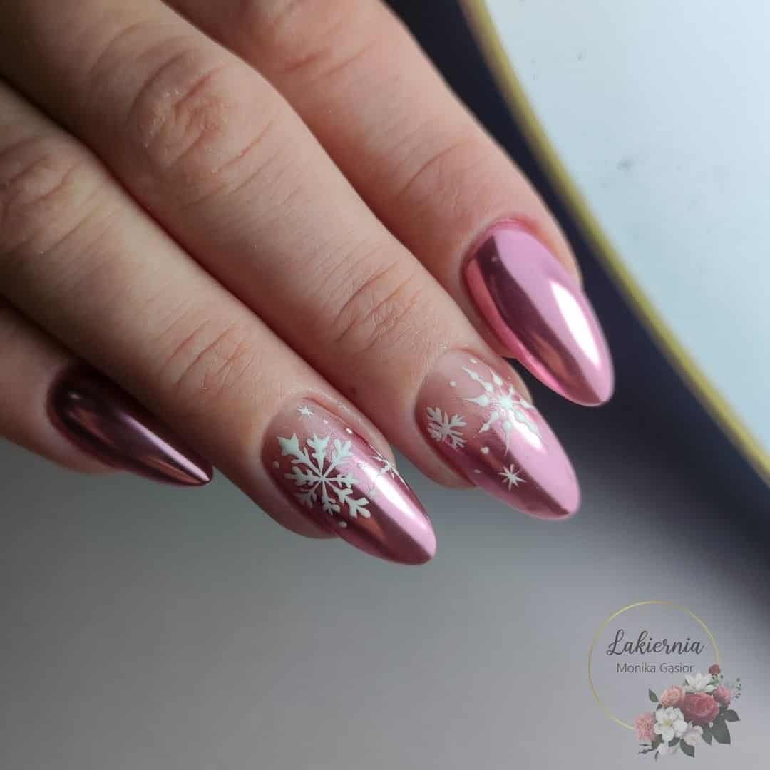 Pink Holographic Snowflake Nails