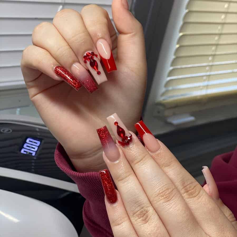 Red Christmas Nail Manicure With Gemstones