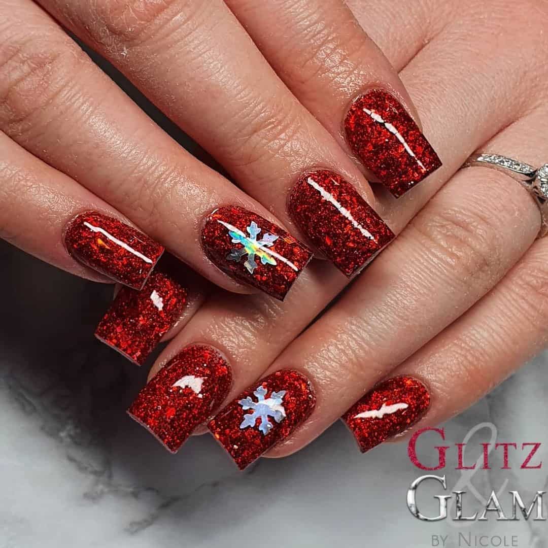 Shimmery Red Snowflake Nails