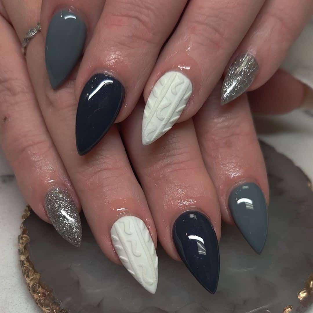 35 Elegant Christmas Acrylic Nail Design Ideas 2022 9 Short Grey Pointy Christmas Acrylic Nails
