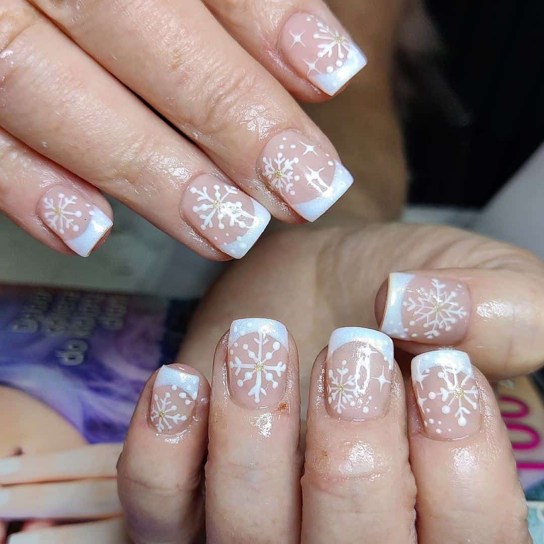 Short Natural French Mani With Snowflakes