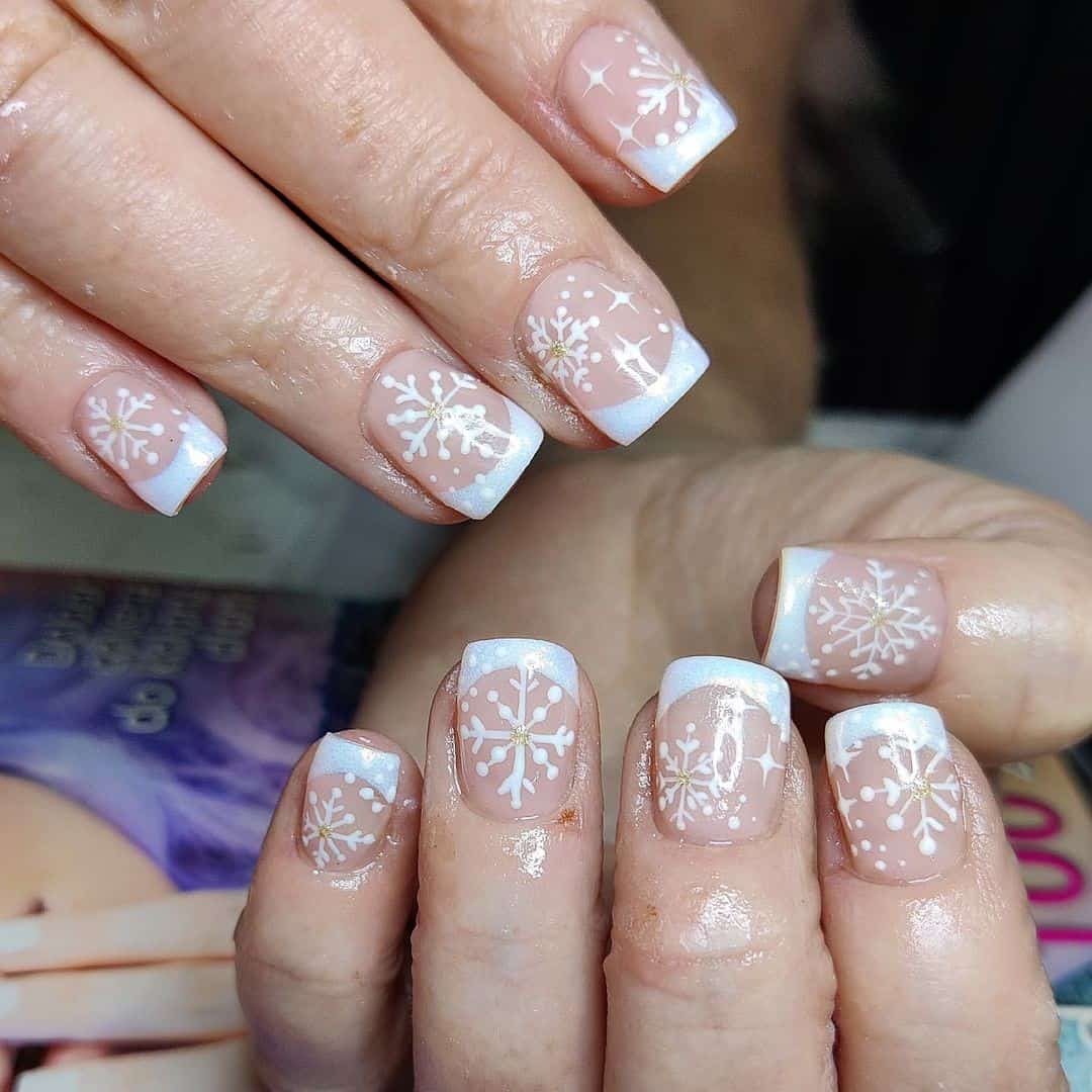 Top 33 Sweet Snowflake Nail Design Ideas For Winter 29 Short Natural French Mani With Snowflakes