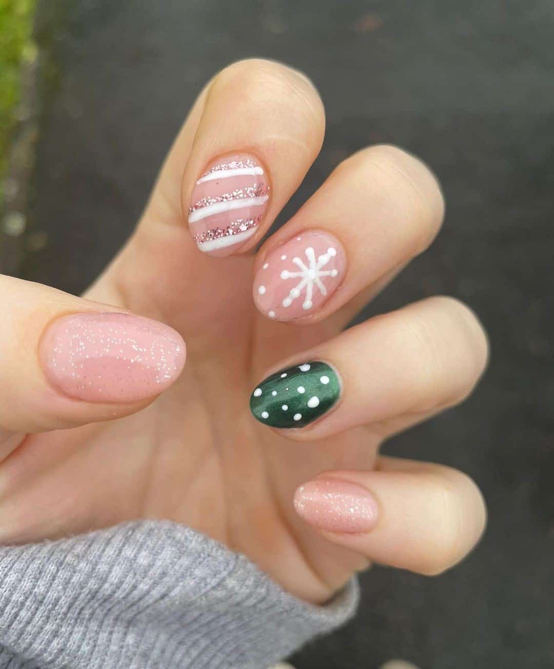 Short Oval Natural Nails With A Snowflake Print