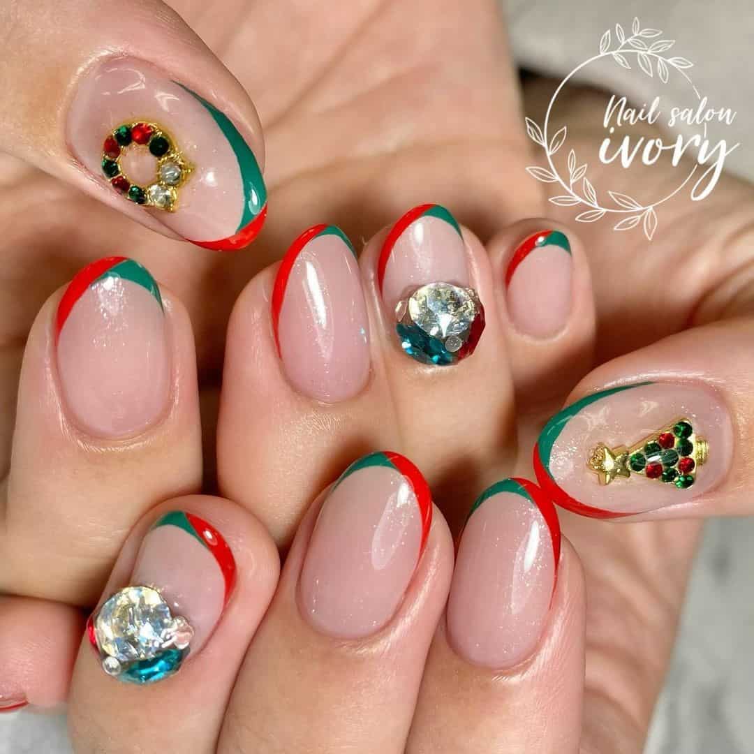 Short Red And Green Christmas Nails