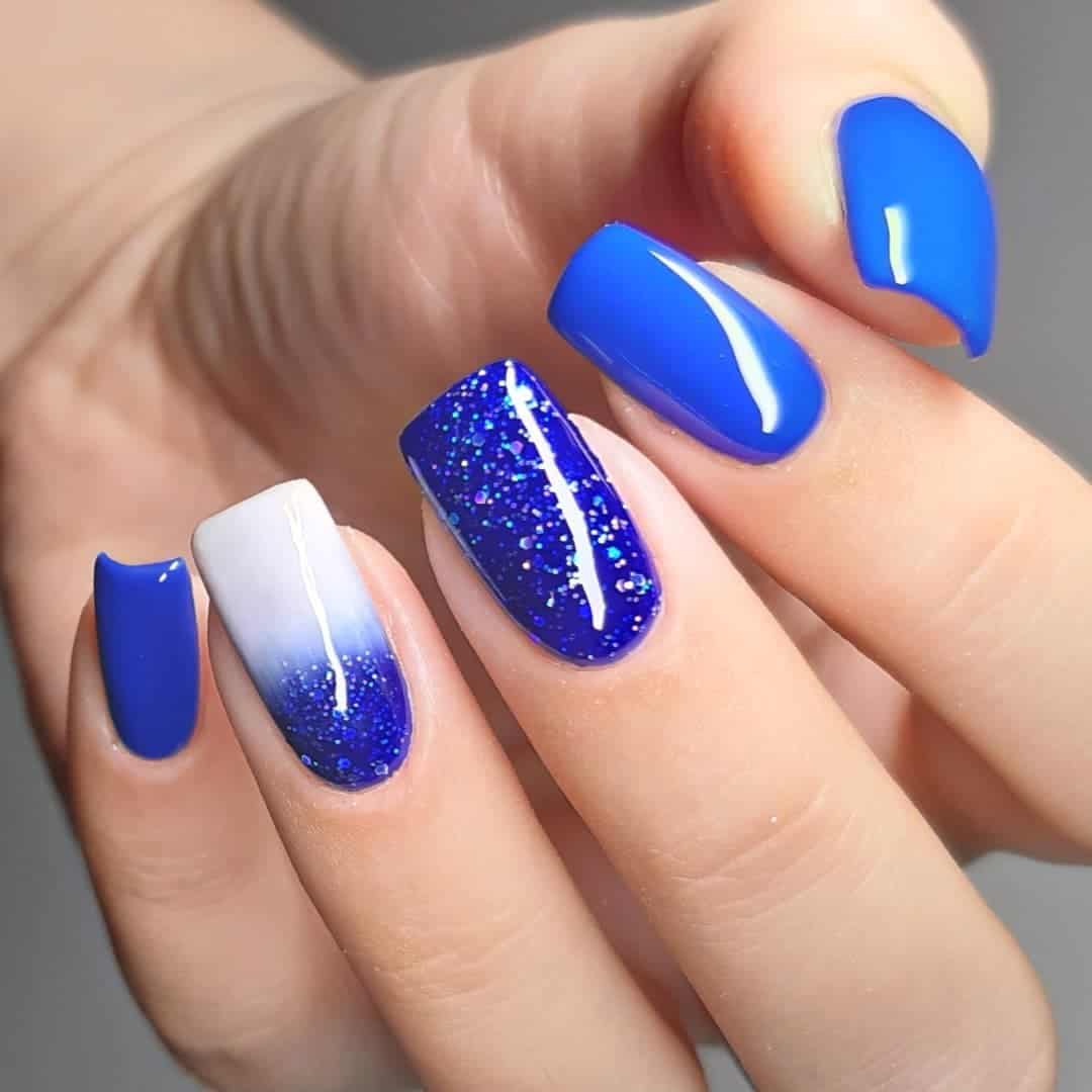 Short Square Blue Christmas Nail Design