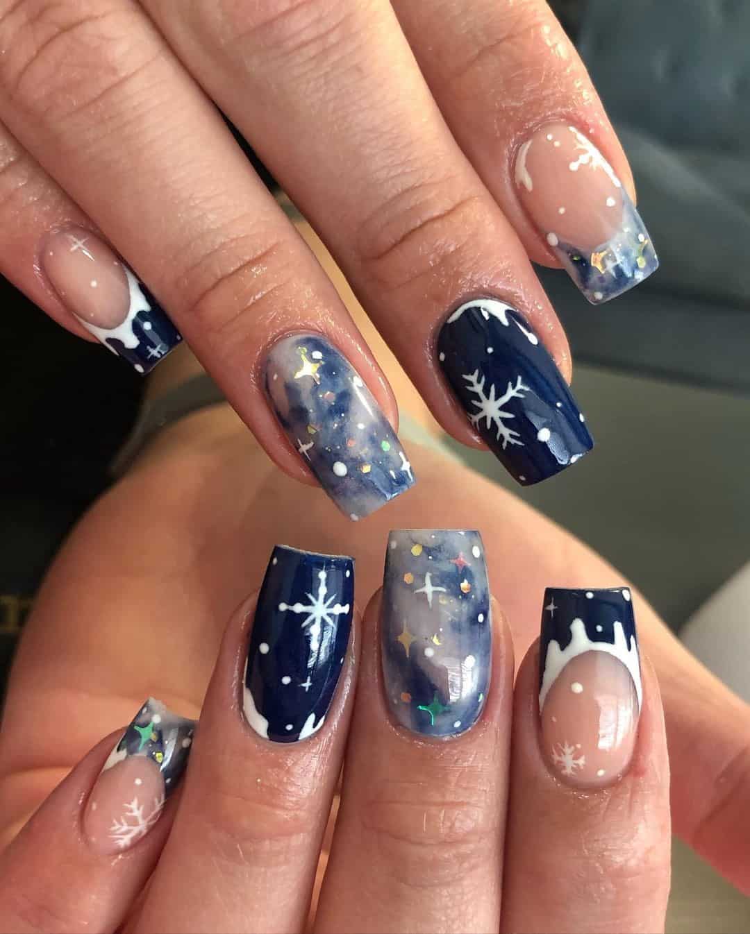 Snowflake Navy Blue Christmas Nails