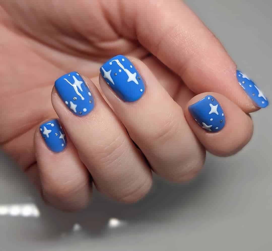 Square Blue Christmas Nails With White Lines