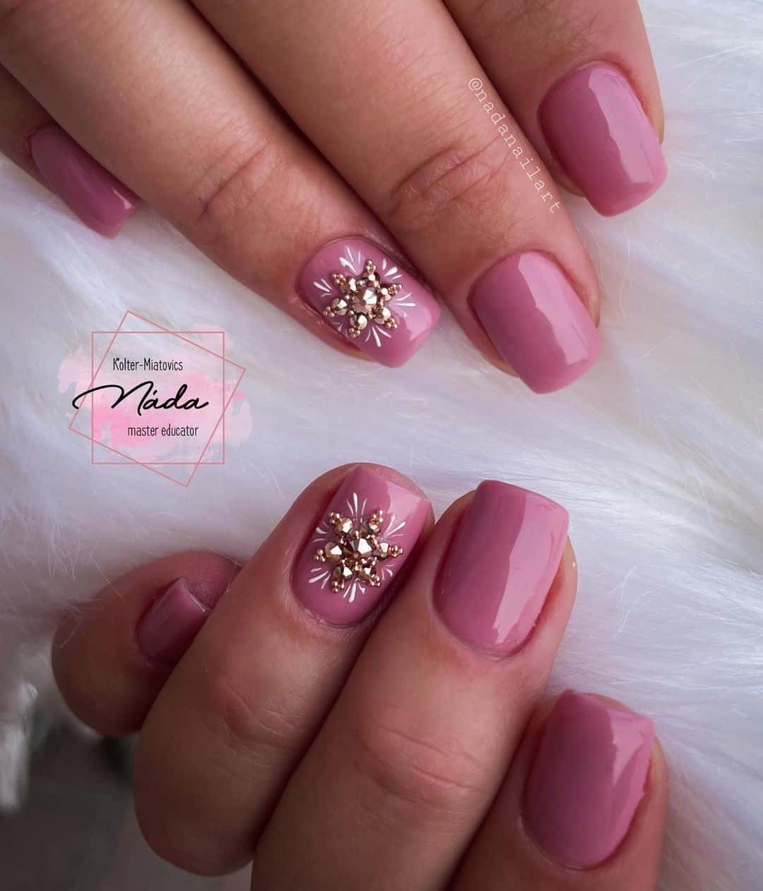 Square Pink Manicure With A Snowflake