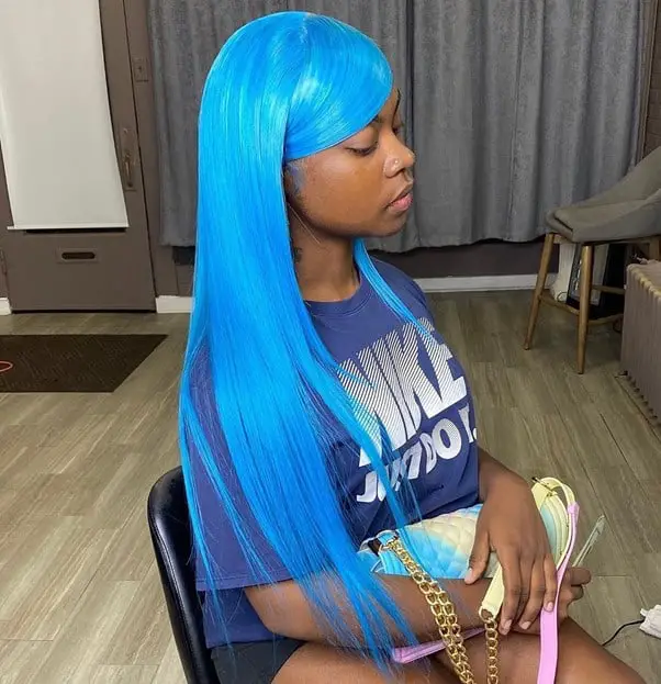 Long Shiny Blue Wig With Bangs