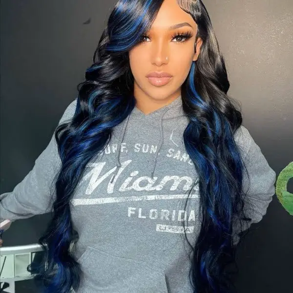 Black Hair With Blue Highlights V Part Wig