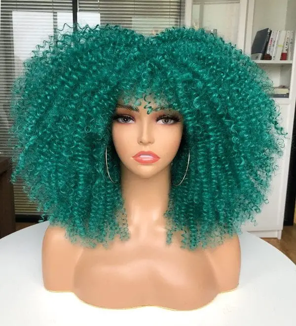 Big Bright Green Curly Wig With Bangs
