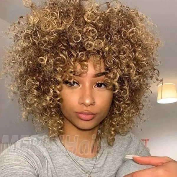 Dark Blonde Short Curly Wig With Bangs