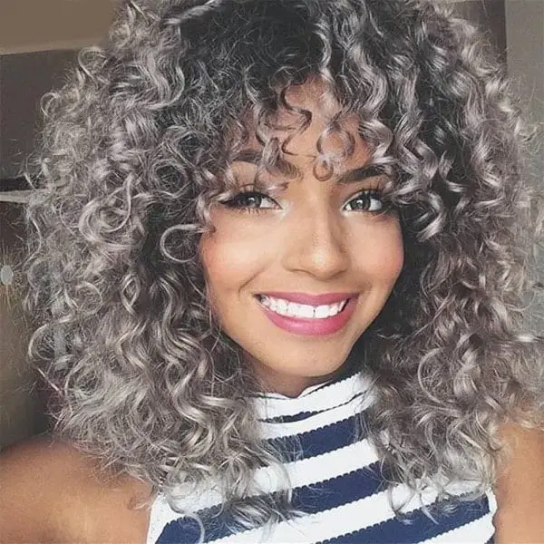 Icy Silver Curly Wig With Bangs