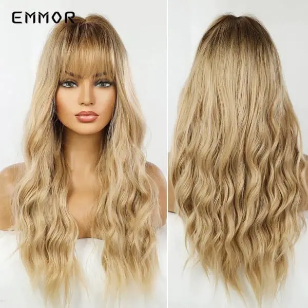 Long Blonde Curly Wig With Bangs