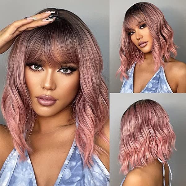 Pink Lace Front Wig With Bangs Hairstyle