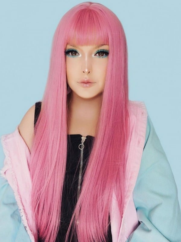 Pink Lace Front Wig With Bangs