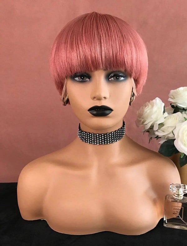 Short Pink Lace Front Wig With Bangs